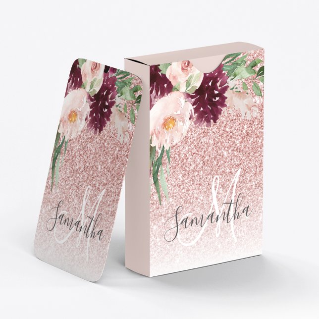 Modern Pink Glitter & Flower Sparkle With Name  Poker Cards (Creator Uploaded)