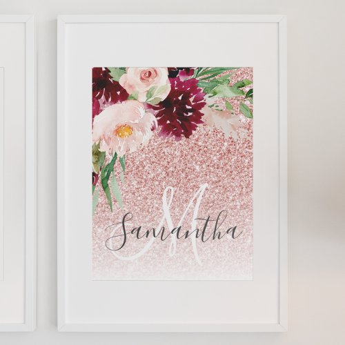 Modern Pink Glitter  Flower Sparkle With Name  Poster