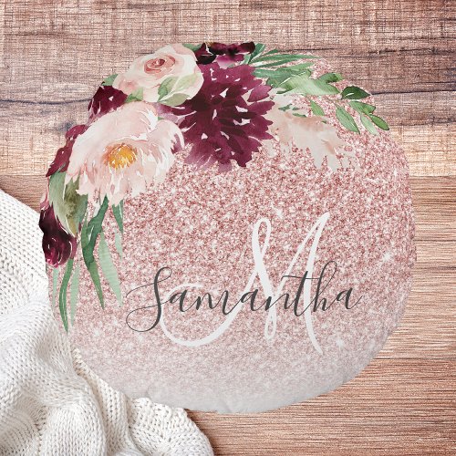 Modern Pink Glitter  Flower Sparkle With Name  Round Pillow