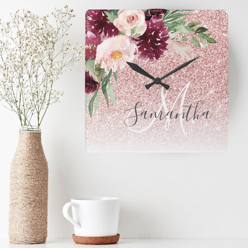 Modern Pink Glitter  Flower Sparkle With Name  Square Wall Clock