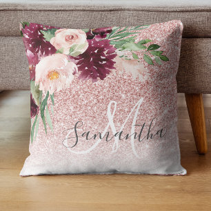 Modern Pink Glitter & Flower Sparkle With Name Throw Pillow