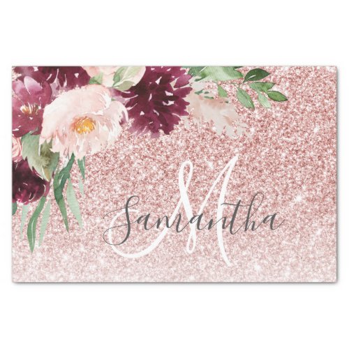 Modern Pink Glitter  Flower Sparkle With Name  Tissue Paper