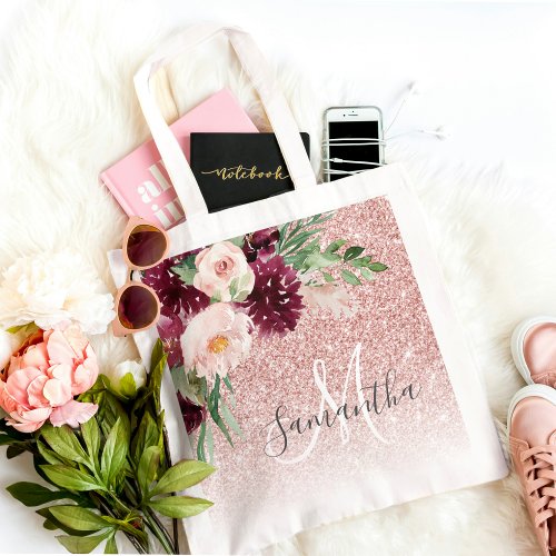 Modern Pink Glitter  Flower Sparkle With Name  Tote Bag
