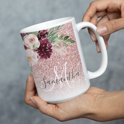 Modern Pink Glitter  Flower Sparkle With Name  Two_Tone Coffee Mug