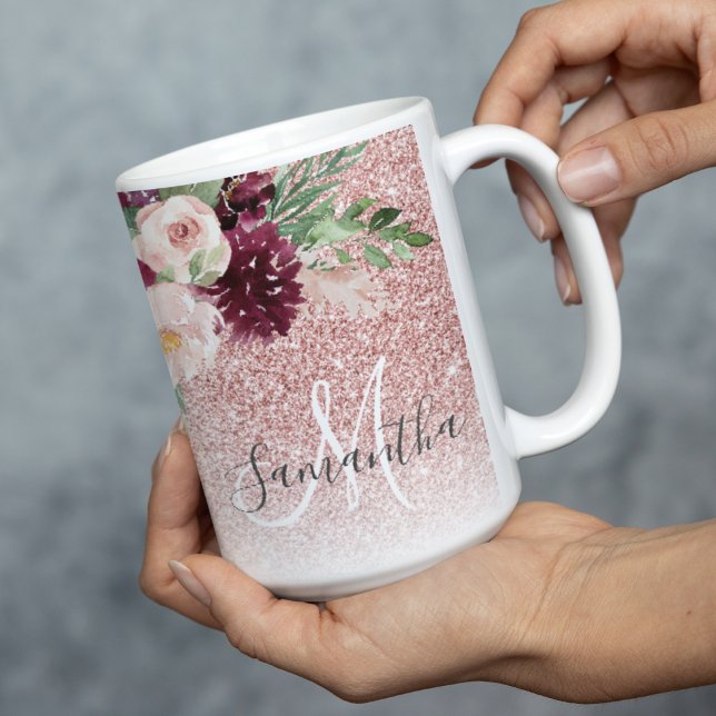 Modern Pink Glitter & Flower Sparkle With Name  Two-Tone Coffee Mug (Creator Uploaded)