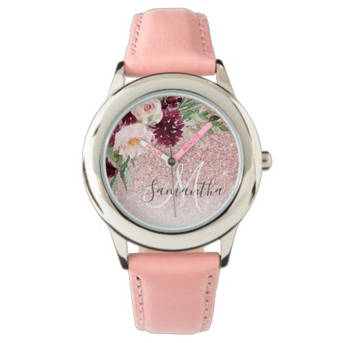 Modern Pink Glitter  Flower Sparkle With Name  Watch