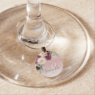 Modern Pink Glitter & Flower Sparkle With Name  Wine Charm