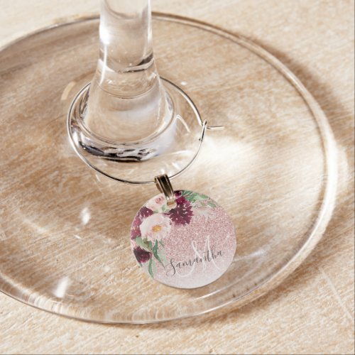 Modern Pink Glitter  Flower Sparkle With Name  Wine Charm