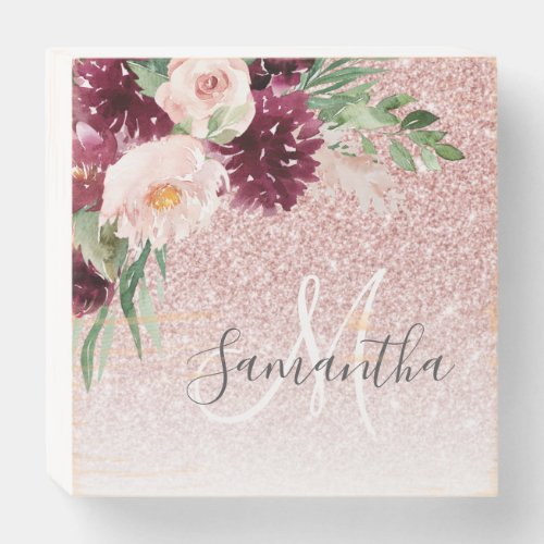Modern Pink Glitter  Flower Sparkle With Name  Wooden Box Sign