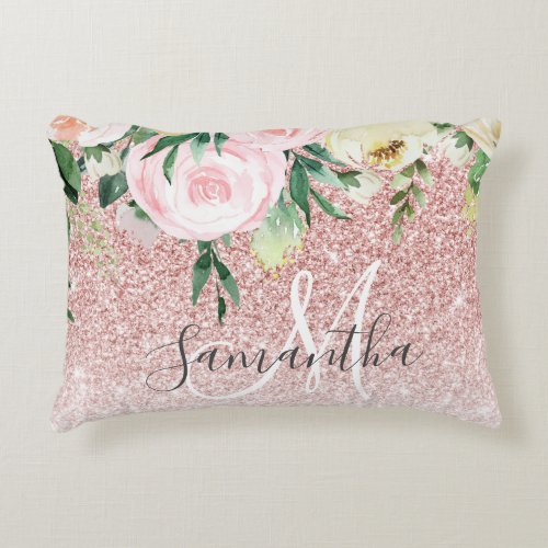 Modern Pink Glitter  Flowers Sparkle With Name Accent Pillow