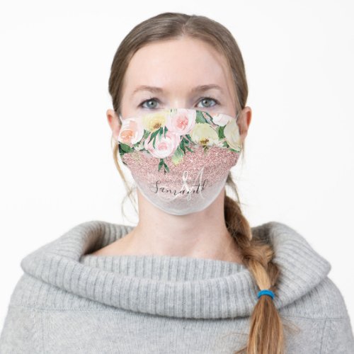 Modern Pink Glitter  Flowers Sparkle With Name Adult Cloth Face Mask