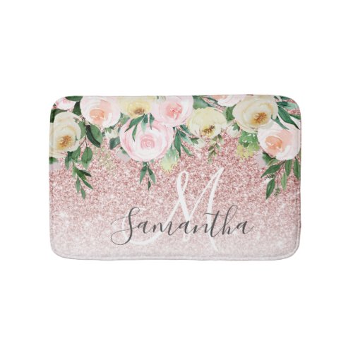 Modern Pink Glitter  Flowers Sparkle With Name Bath Mat