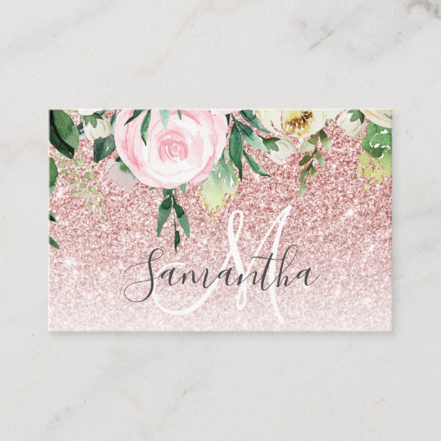 Modern Pink Glitter & Flowers Sparkle With Name Business Card (Front)