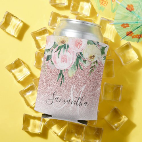 Modern Pink Glitter  Flowers Sparkle With Name Can Cooler