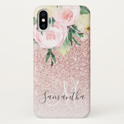 Modern Pink Glitter  Flowers Sparkle With Name iPhone XS Case