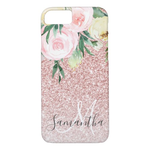 Modern Pink Glitter  Flowers Sparkle With Name iPhone 87 Case