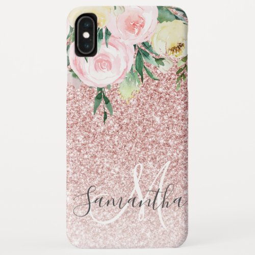 Modern Pink Glitter  Flowers Sparkle With Name iPhone XS Max Case