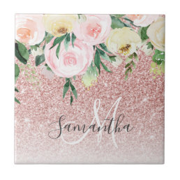 Modern Pink Glitter &amp; Flowers Sparkle With Name Ceramic Tile