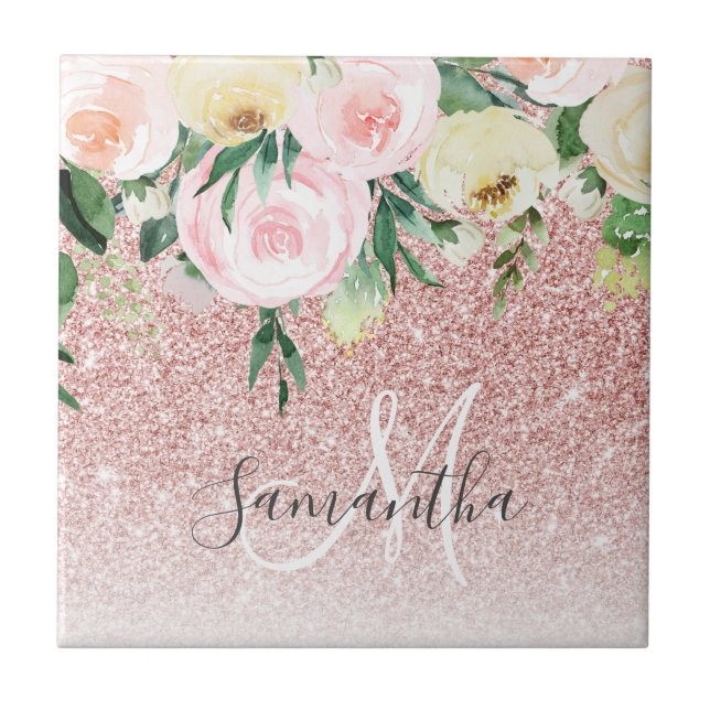 Modern Pink Glitter & Flowers Sparkle With Name Ceramic Tile (Front)