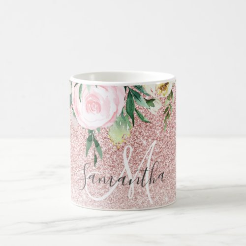 Modern Pink Glitter  Flowers Sparkle With Name Coffee Mug