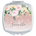 Modern Pink Glitter &amp; Flowers Sparkle With Name Compact Mirror