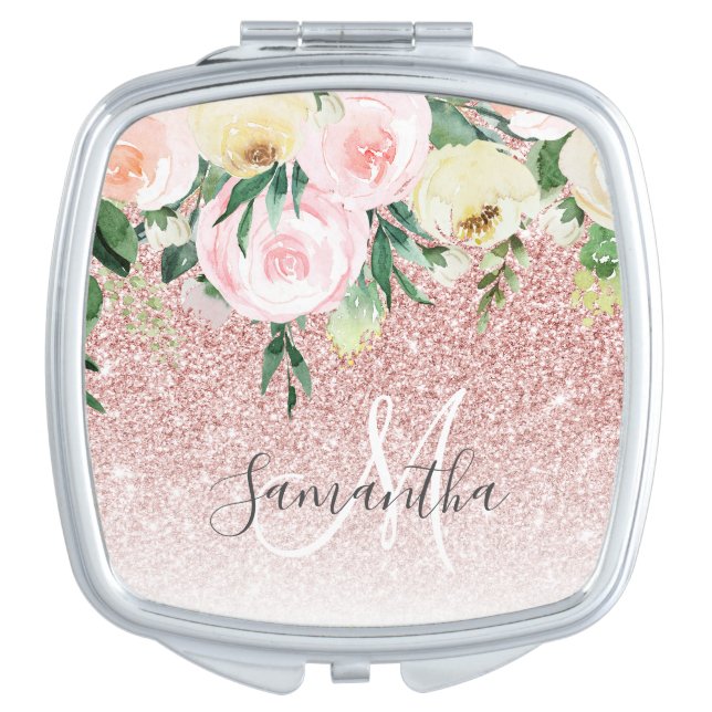 Modern Pink Glitter & Flowers Sparkle With Name Compact Mirror (Front)