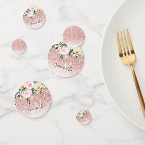 Modern Pink Glitter  Flowers Sparkle With Name Confetti