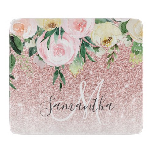 Modern Pink Glitter  Flowers Sparkle With Name Cutting Board