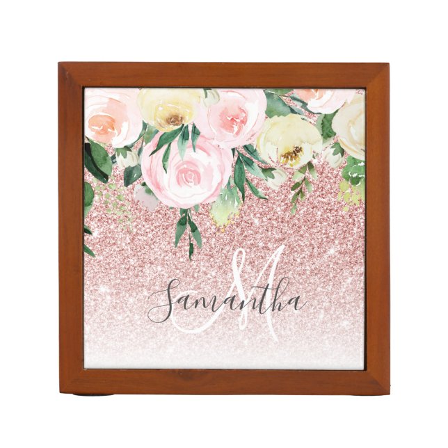 Modern Pink Glitter & Flowers Sparkle With Name Desk Organizer (Front)