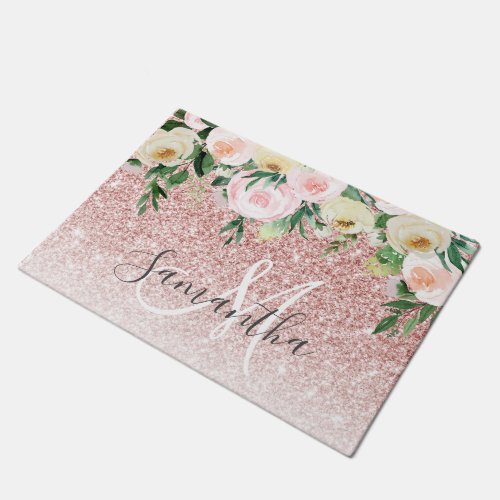 Modern Pink Glitter  Flowers Sparkle With Name Doormat