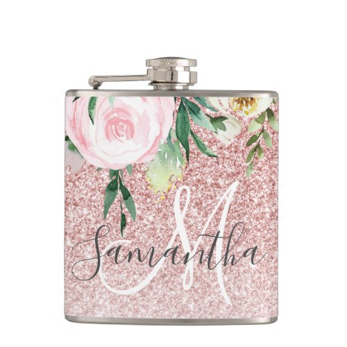 Modern Pink Glitter  Flowers Sparkle With Name Flask