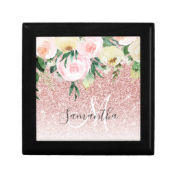 Modern Pink Glitter &amp; Flowers Sparkle With Name Gift Box