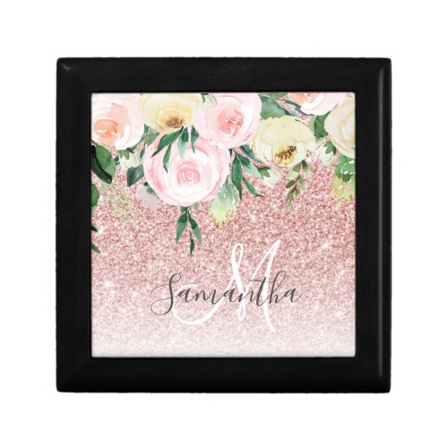 Modern Pink Glitter  Flowers Sparkle With Name Gift Box