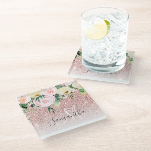 Modern Pink Glitter  Flowers Sparkle With Name Glass Coaster