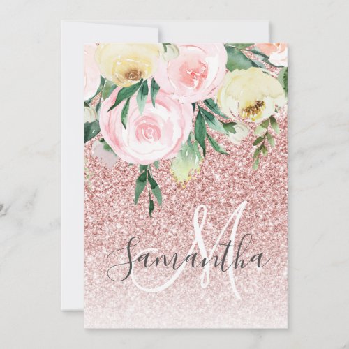 Modern Pink Glitter  Flowers Sparkle With Name Holiday Card