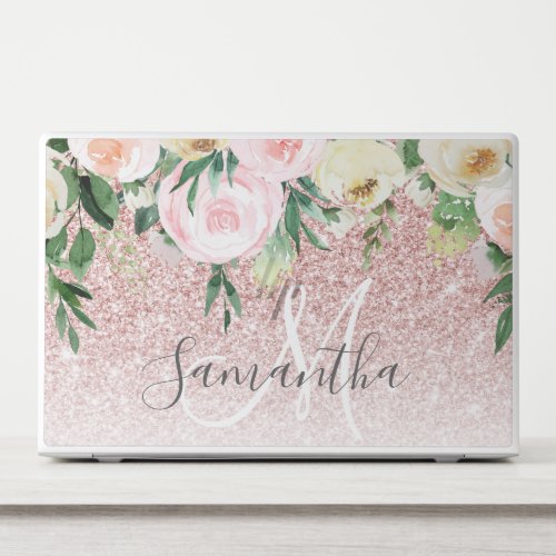 Modern Pink Glitter  Flowers Sparkle With Name HP Laptop Skin