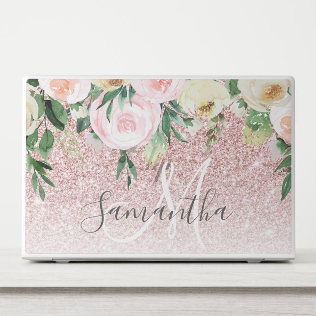 Modern Pink Glitter & Flowers Sparkle With Name HP Laptop Skin (Front)