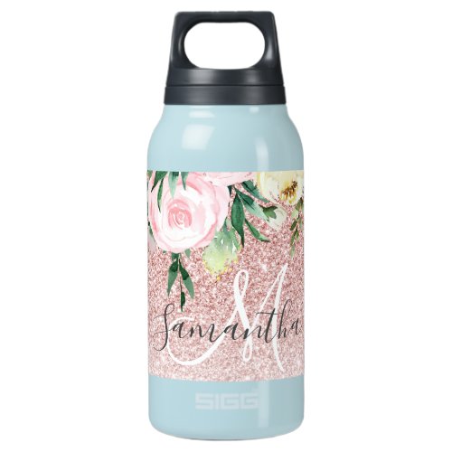 Modern Pink Glitter  Flowers Sparkle With Name Insulated Water Bottle