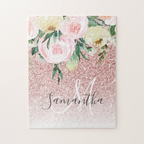 Modern Pink Glitter  Flowers Sparkle With Name Jigsaw Puzzle