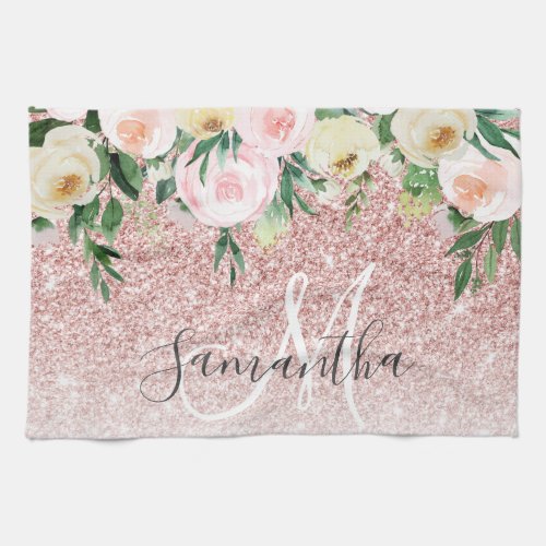 Modern Pink Glitter  Flowers Sparkle With Name Kitchen Towel