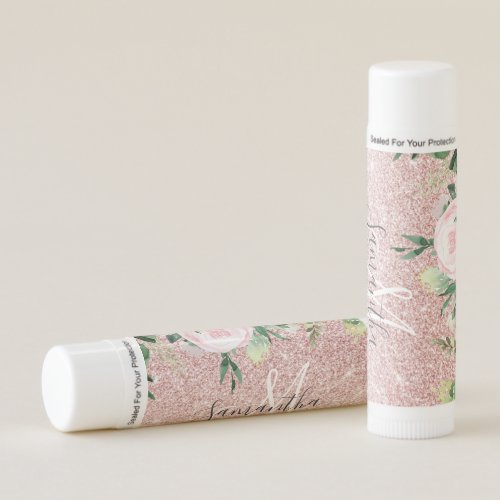 Modern Pink Glitter  Flowers Sparkle With Name Lip Balm