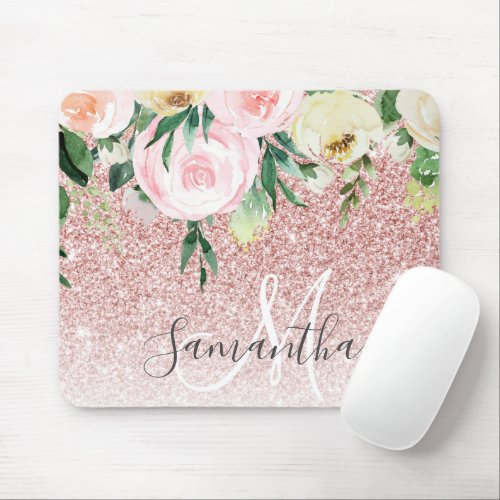 Modern Pink Glitter  Flowers Sparkle With Name Mouse Pad