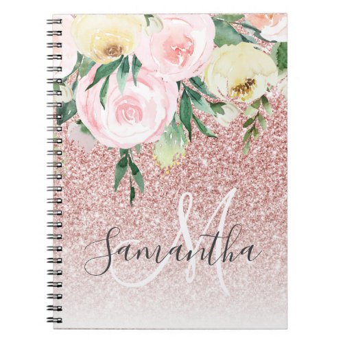 Modern Pink Glitter  Flowers Sparkle With Name Notebook