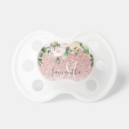 Modern Pink Glitter  Flowers Sparkle With Name Pacifier