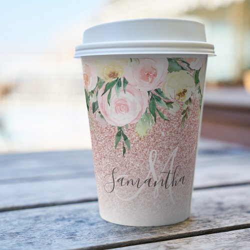 Modern Pink Glitter  Flowers Sparkle With Name Paper Cups