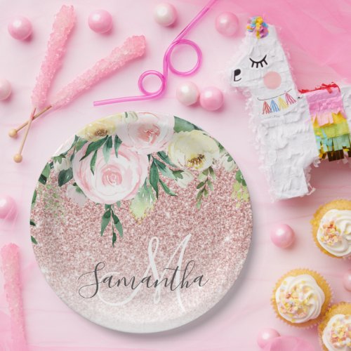 Modern Pink Glitter  Flowers Sparkle With Name Paper Plates