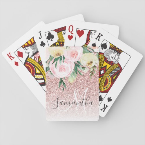 Modern Pink Glitter  Flowers Sparkle With Name Playing Cards