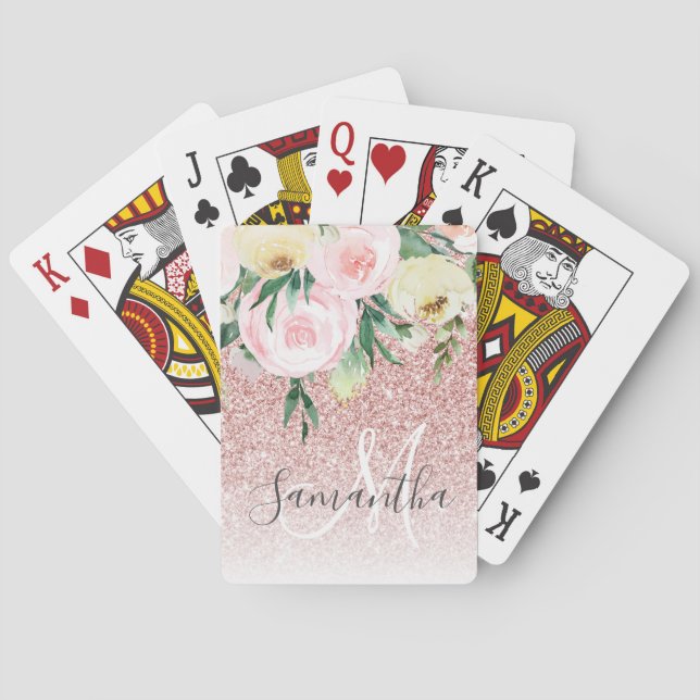 Modern Pink Glitter & Flowers Sparkle With Name Poker Cards (Back)