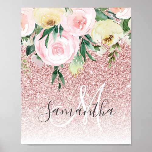 Modern Pink Glitter  Flowers Sparkle With Name Poster