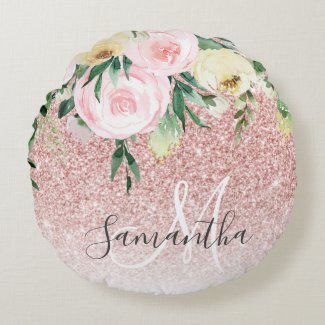 Modern Pink Glitter & Flowers Sparkle With Name Round Pillow